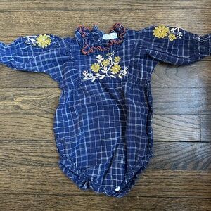 Lali Kids blue tartan embroidered romper with yellow flowers | size 3 months